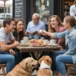 Friends enjoying breakfast at a cozy cafe in Wheaton, IL with dogs resting at their feet