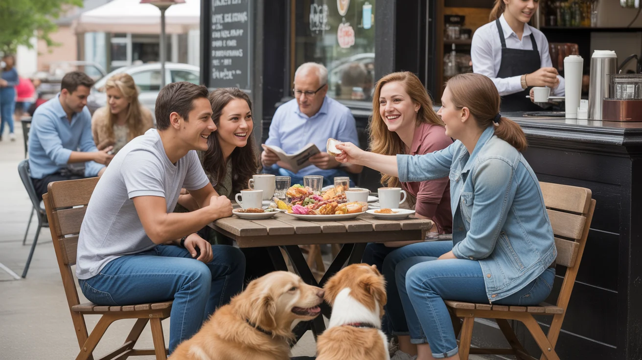 Friends enjoying breakfast at a cozy cafe in Wheaton, IL with dogs resting at their feet