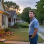 Man turning off porch light of suburban home in Douglasville, GA at dusk