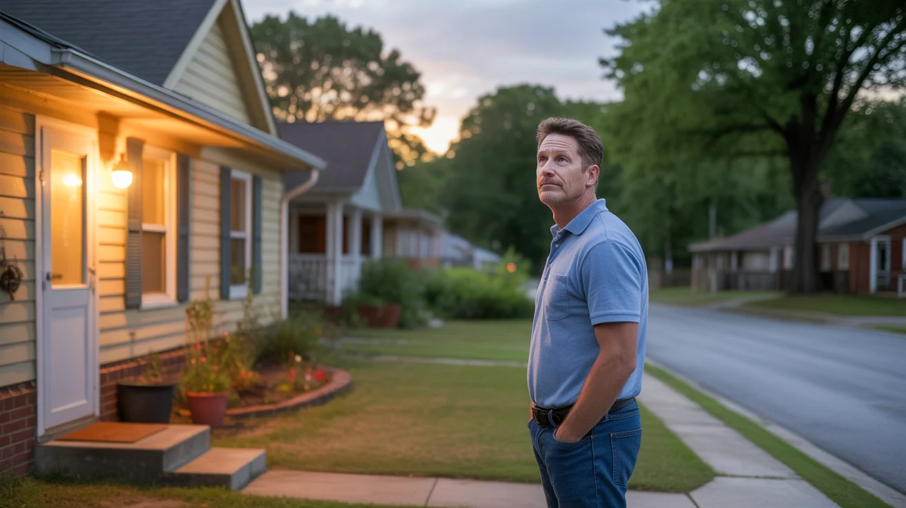 Man turning off porch light of suburban home in Douglasville, GA at dusk