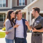 A couple speaking with a landscaper outside their new suburban home in Joliet, IL
