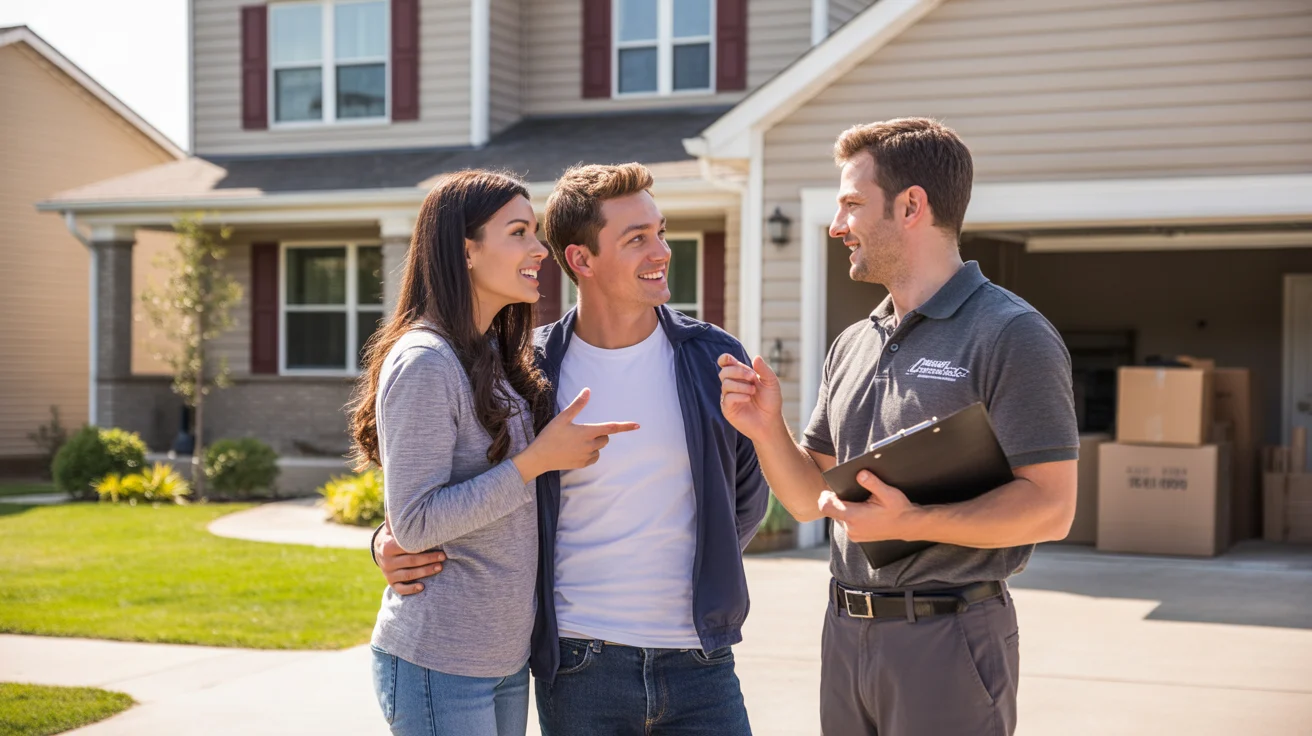 A couple speaking with a landscaper outside their new suburban home in Joliet, IL