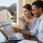 Couple reviewing living expenses in their new Highlands Ranch condo
