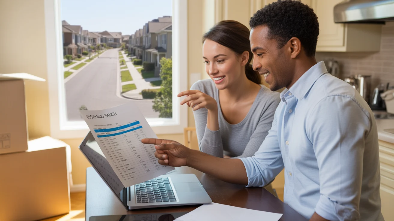 Couple reviewing living expenses in their new Highlands Ranch condo