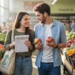 A couple shops for produce together at a grocery store in Pflugerville, Texas