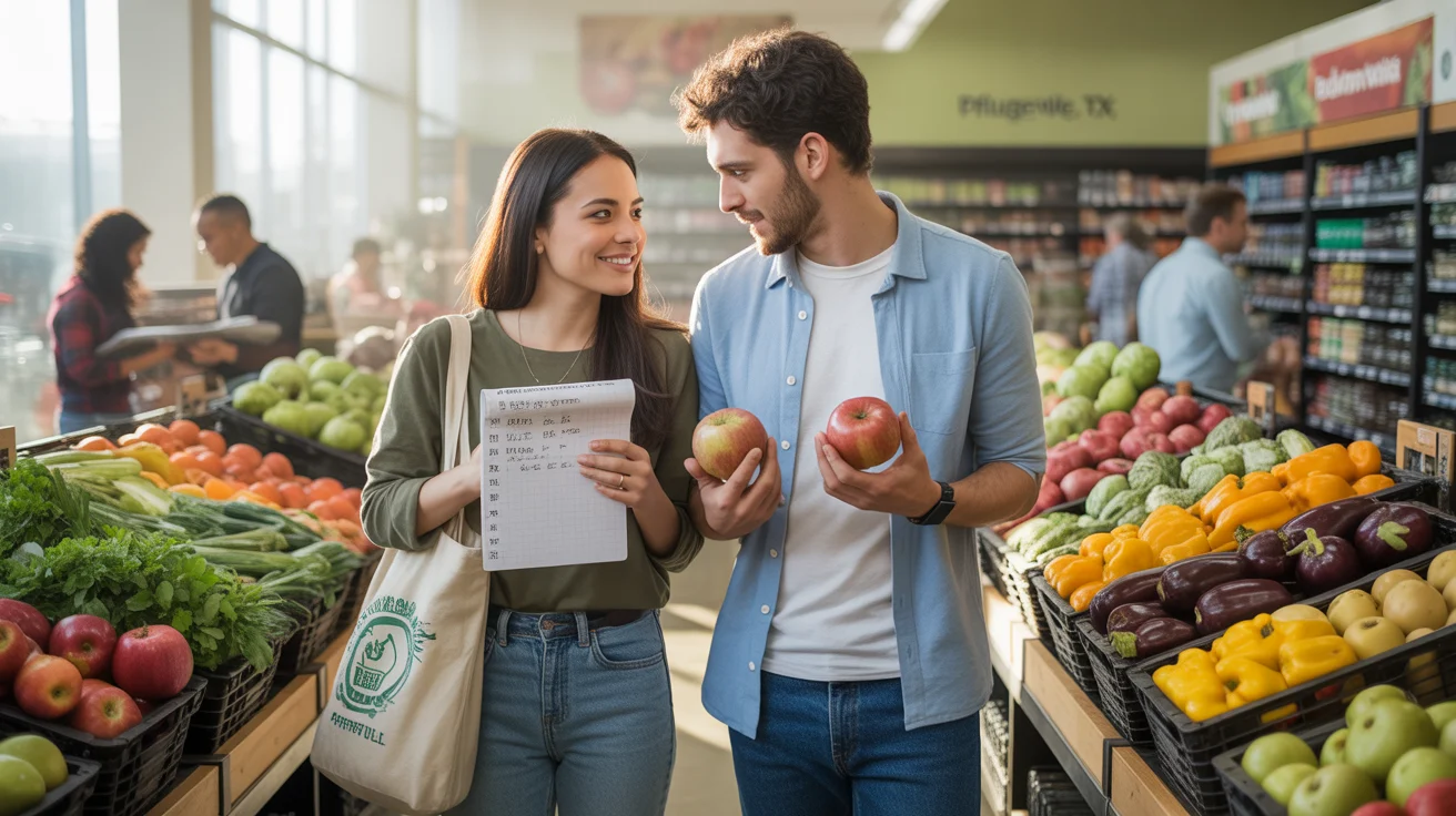 A couple shops for produce together at a grocery store in Pflugerville, Texas