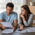 Couple reviewing bills and fees in new Marietta home