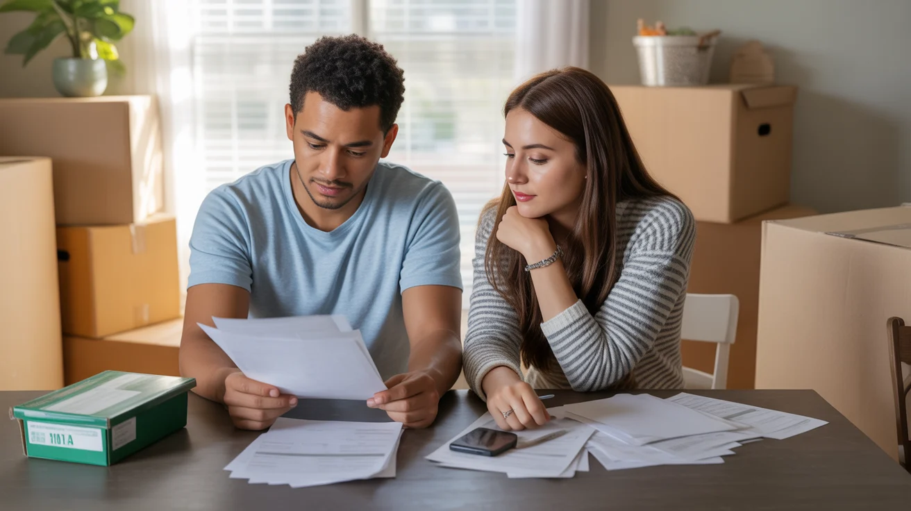 Couple reviewing bills and fees in new Marietta home