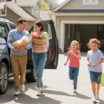 A family brings groceries into their suburban home in Huntersville, NC on a sunny day