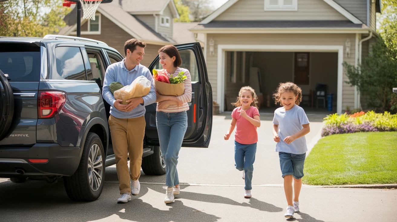 A family brings groceries into their suburban home in Huntersville, NC on a sunny day