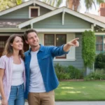 Couple looking at craftsman home for sale in Anaheim neighborhood
