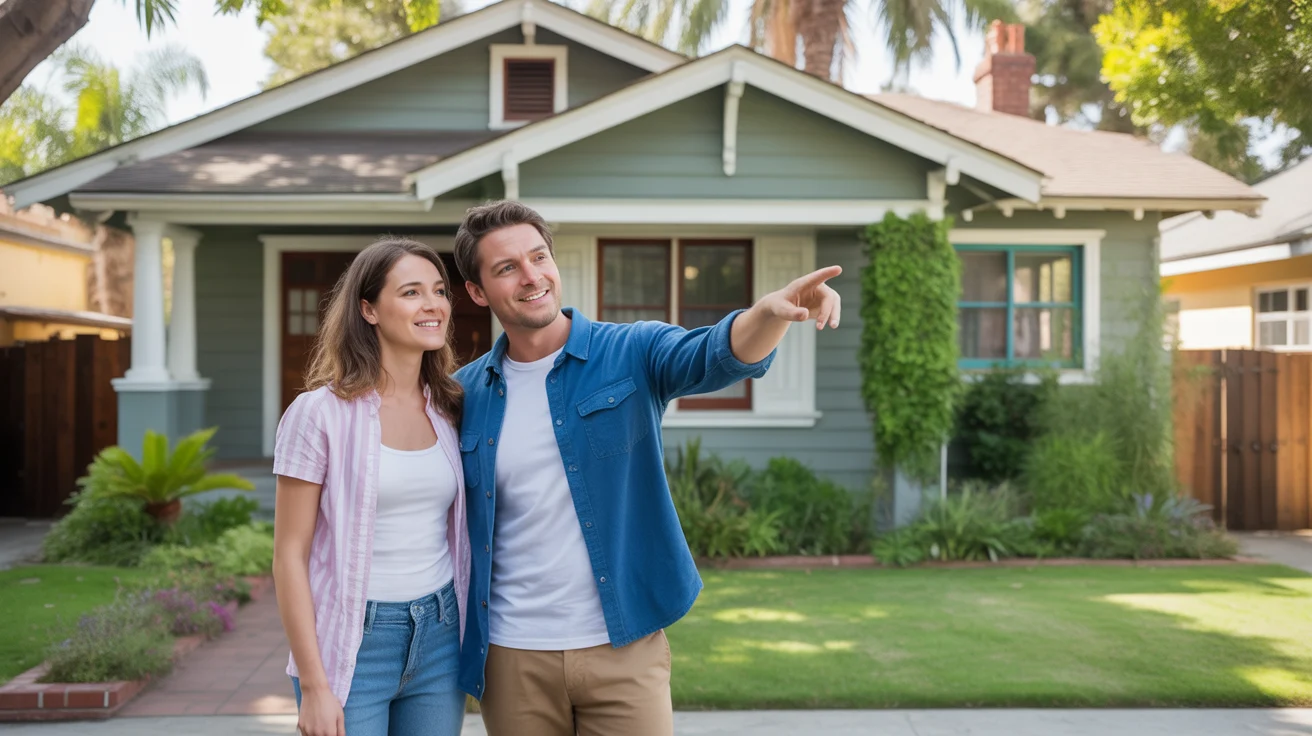 Couple looking at craftsman home for sale in Anaheim neighborhood