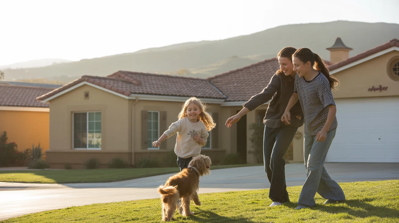 Family outside their suburban Murrieta home at sunset