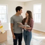 Couple discussing home decorating plans in empty living room of new house in Orlando