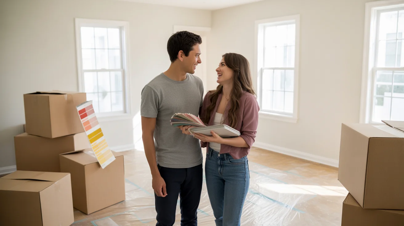 Couple discussing home decorating plans in empty living room of new house in Orlando