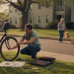 Man assembling bicycle on lawn in front of suburban apartment building in Concord, NC