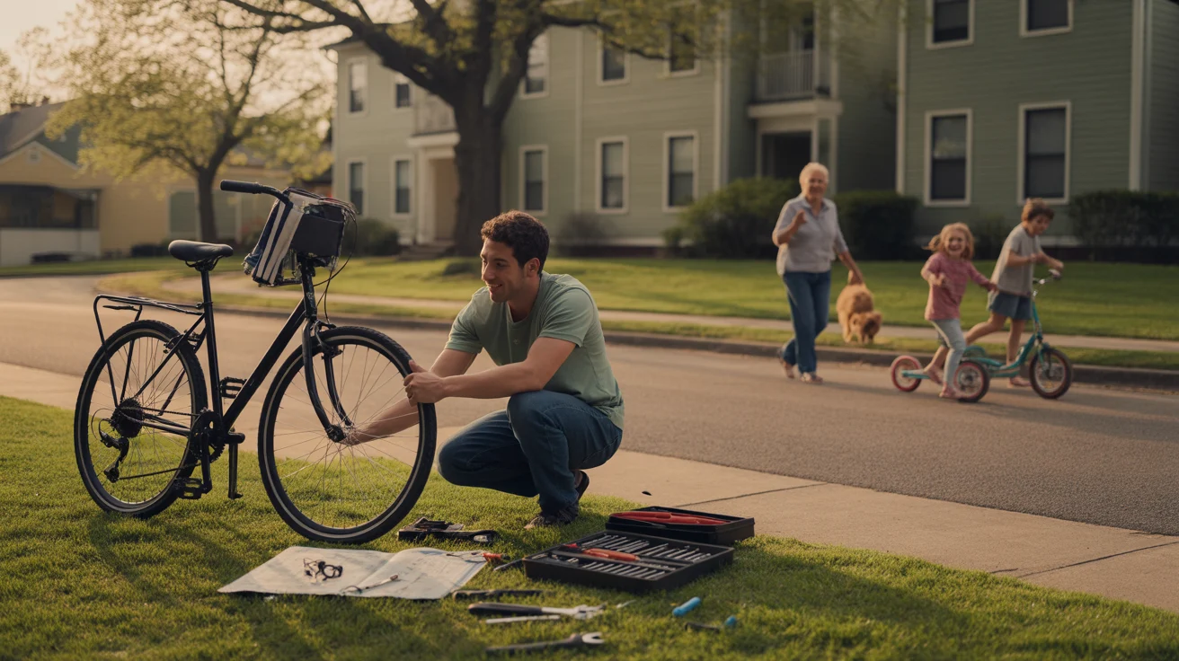 Man assembling bicycle on lawn in front of suburban apartment building in Concord, NC