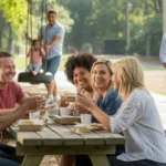 Friends enjoying takeout together at a picnic table in a Monroe, NC park