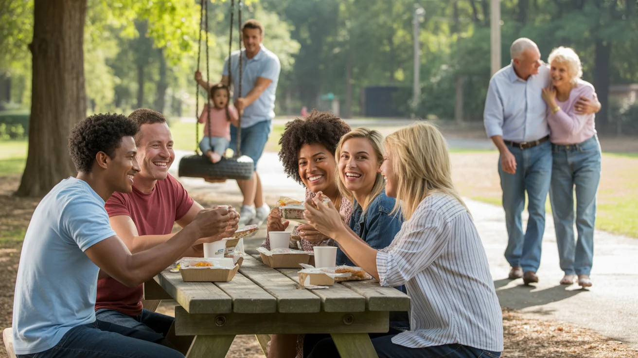 Friends enjoying takeout together at a picnic table in a Monroe, NC park