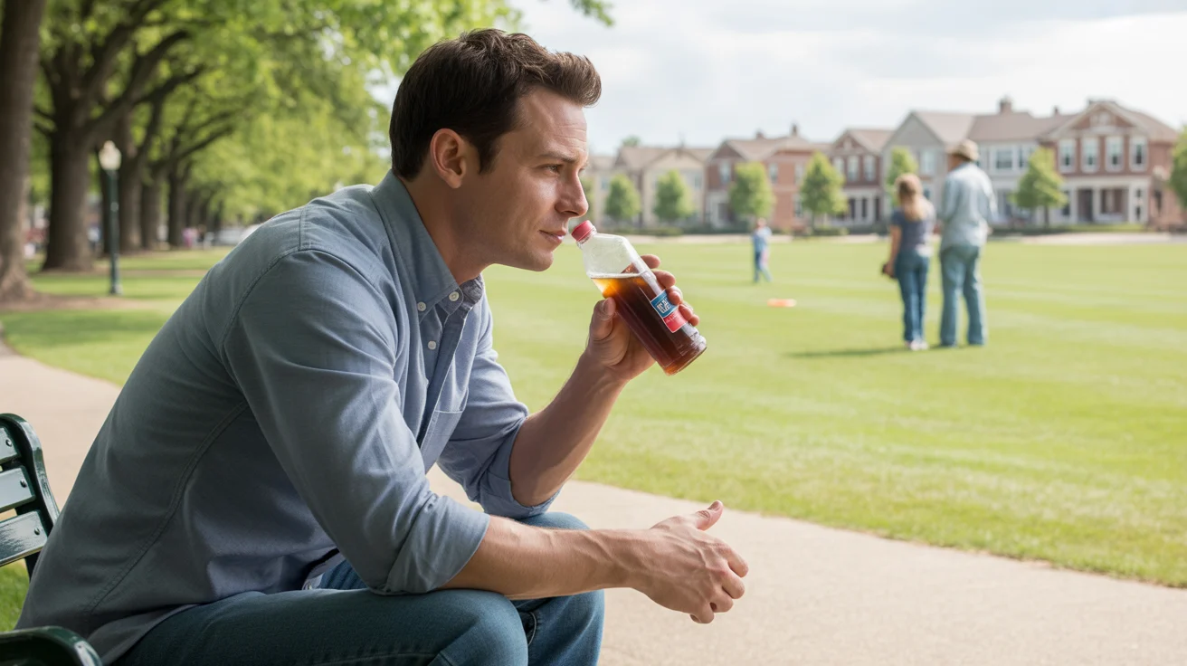 A man sits on a park bench in Wheaton, IL, sipping an iced tea and contemplating suburban life.