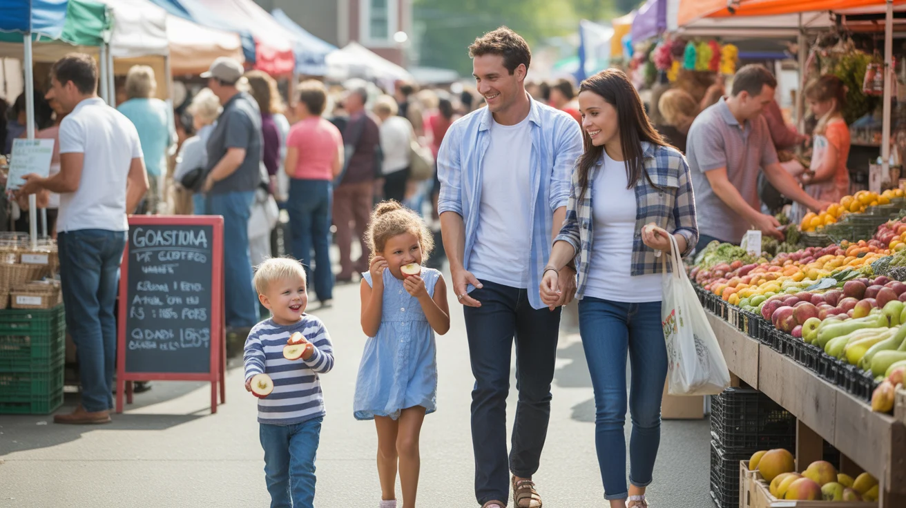 A family shopping for fresh produce at a farmers market in Gastonia, North Carolina