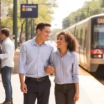 Two smiling coworkers chatting on a light rail platform in Grand Prairie, TX