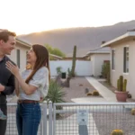 Neighbors chatting across fence between duplex and single-family home in Henderson, NV at sunset