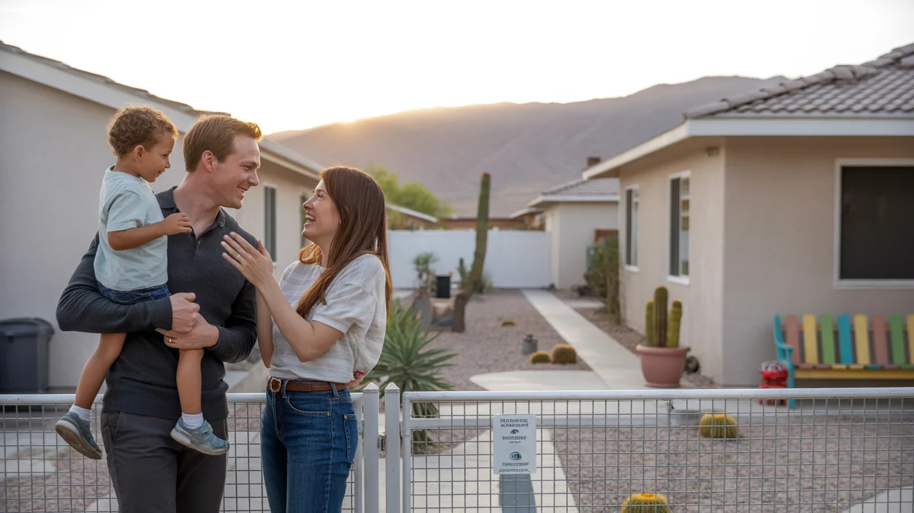 Neighbors chatting across fence between duplex and single-family home in Henderson, NV at sunset