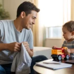 Father folding laundry while young son plays in Santa Ana apartment living room