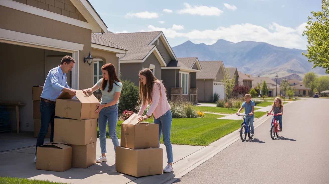 A family moves into their new home in Thornton, Colorado on a peaceful suburban street.