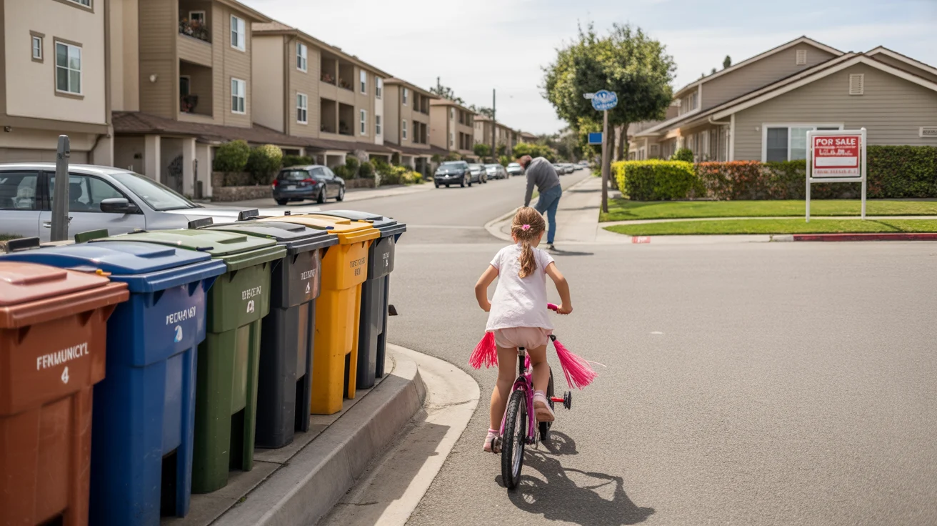 Trash bins in front of an apartment complex and house for sale on a residential street in Tustin, California