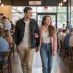 Couple enters busy upscale coffee shop in Raleigh on a sunny morning