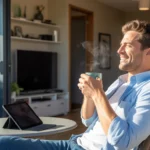 Man drinking coffee on balcony with tablet, representing affordable internet and streaming in Taylorsville, UT