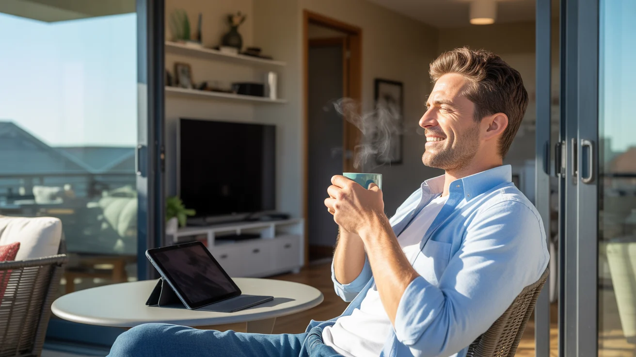 Man drinking coffee on balcony with tablet, representing affordable internet and streaming in Taylorsville, UT