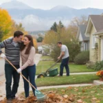 A couple rakes leaves in their Denver yard while a neighbor mows his lawn across the street on a fall afternoon.
