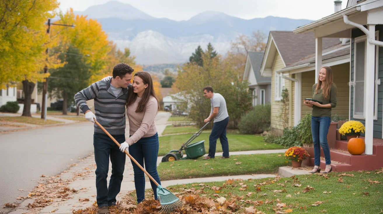 A couple rakes leaves in their Denver yard while a neighbor mows his lawn across the street on a fall afternoon.