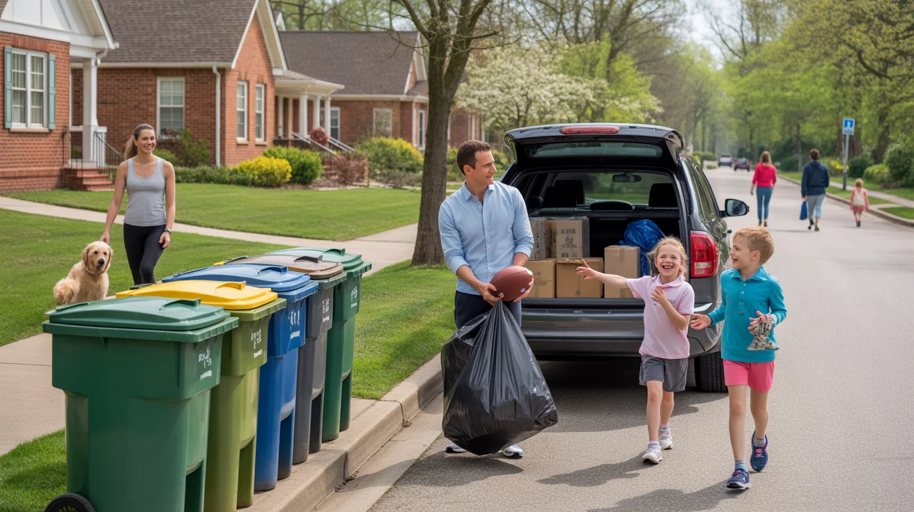 Trash bins line the curb in front of an apartment complex and single family home in an Apex neighborhood on a sunny spring day.