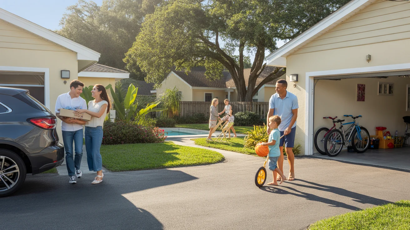 Contrasting scenes of daily life at a Kissimmee condo and single-family home in the golden afternoon light