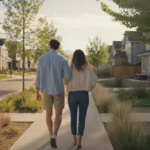 Couple walking through Denver neighborhood at sunset