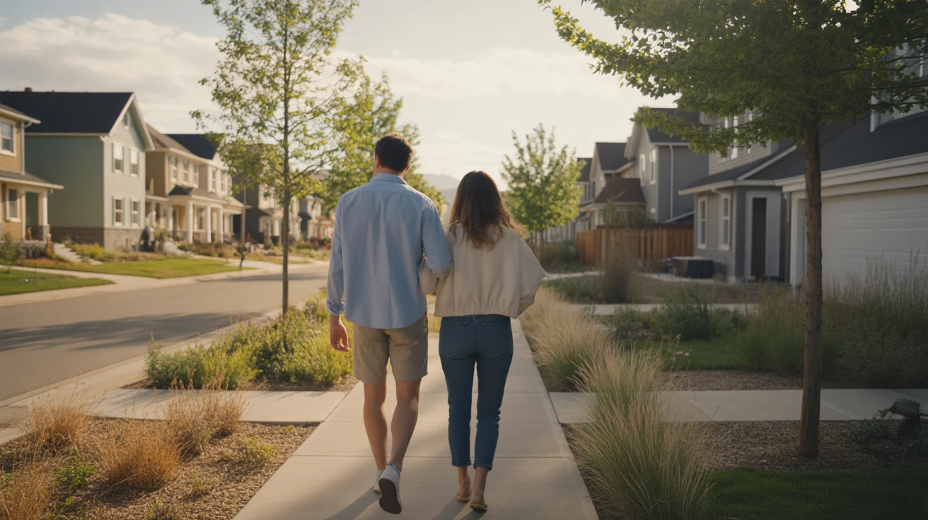 Couple walking through Denver neighborhood at sunset