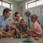 Family cooling off in basement playroom of their Brandon home on summer afternoon