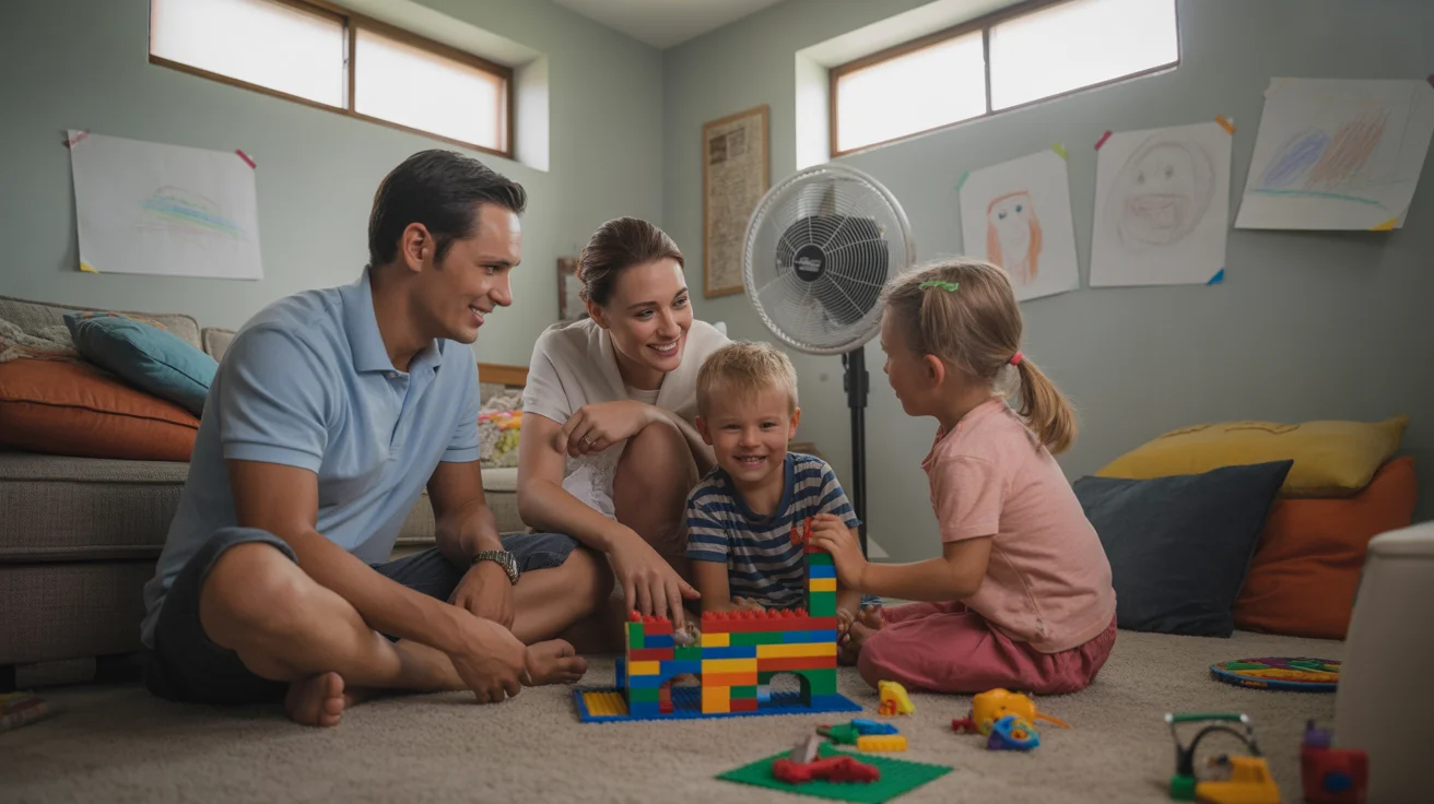 Family cooling off in basement playroom of their Brandon home on summer afternoon
