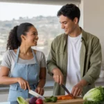 Couple cooks together in modern Chino Hills apartment kitchen