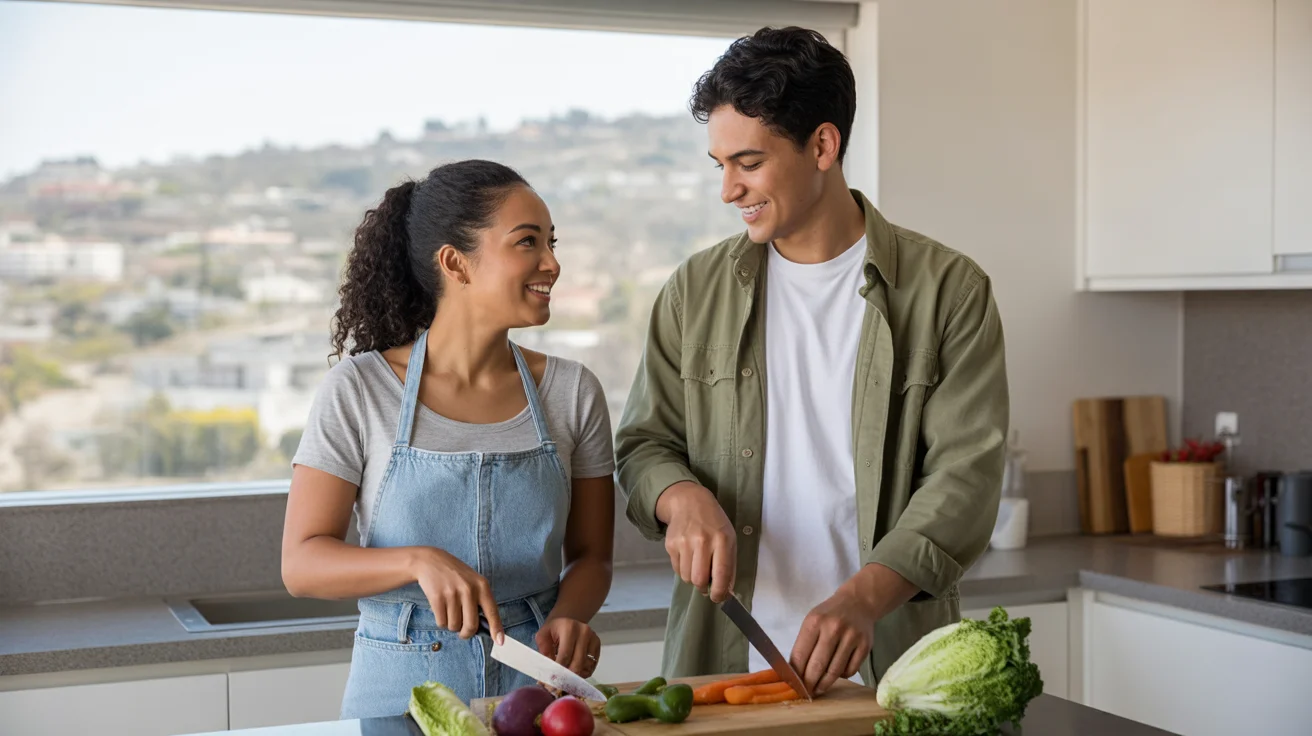 Couple cooks together in modern Chino Hills apartment kitchen