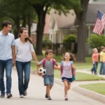 A young family enjoys an afternoon walk through their peaceful Garland neighborhood