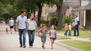 A young family enjoys an afternoon walk through their peaceful Garland neighborhood