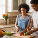 A couple cooking dinner together in a cozy Marietta kitchen