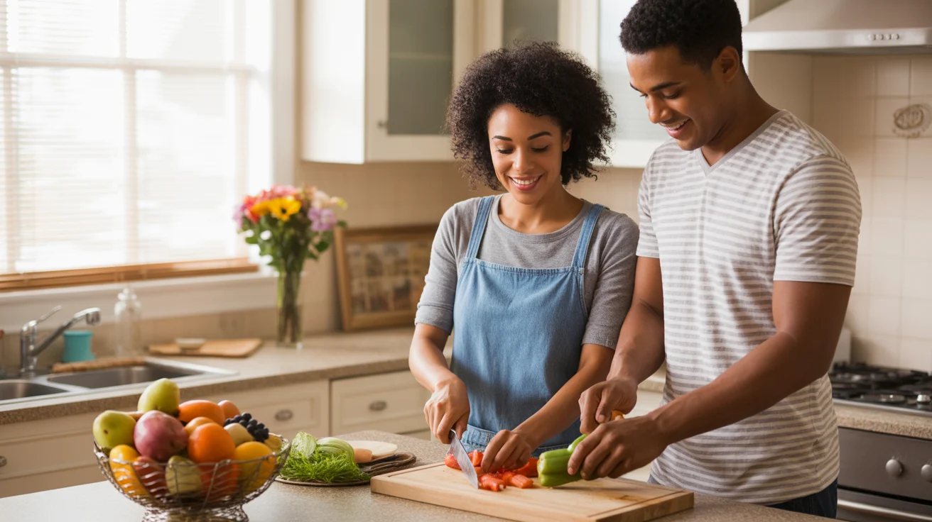 A couple cooking dinner together in a cozy Marietta kitchen