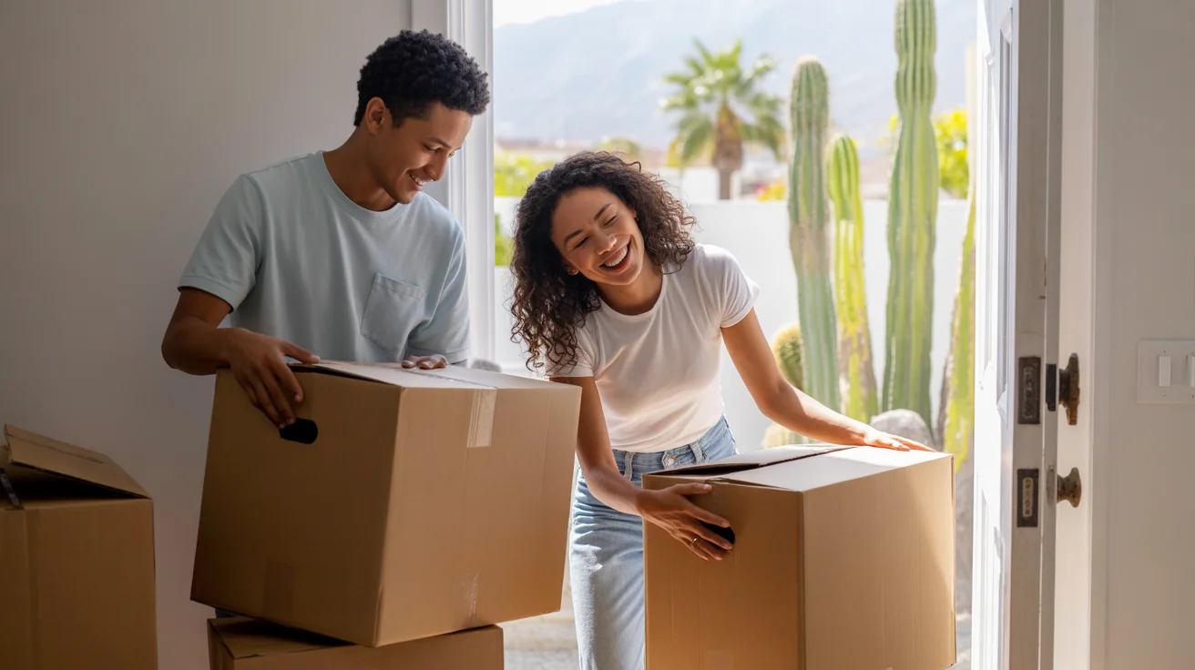 Couple unpacking in their new Fontana apartment on moving day