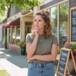 Young woman looking thoughtfully at cafe menu board in Broomfield, Colorado